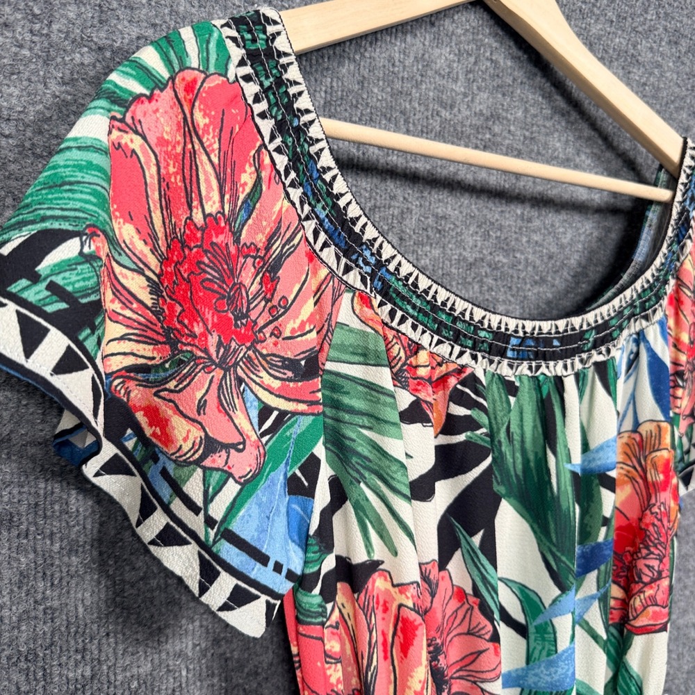 Flying Tomato Size Large Maxi Shift Dress Green Floral Tropical Off The Shoulder - Picture 6 of 10